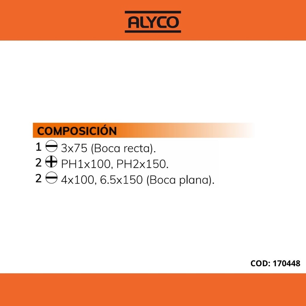 Juego 5 destornilladores Alyco Orange. Mod. 170448