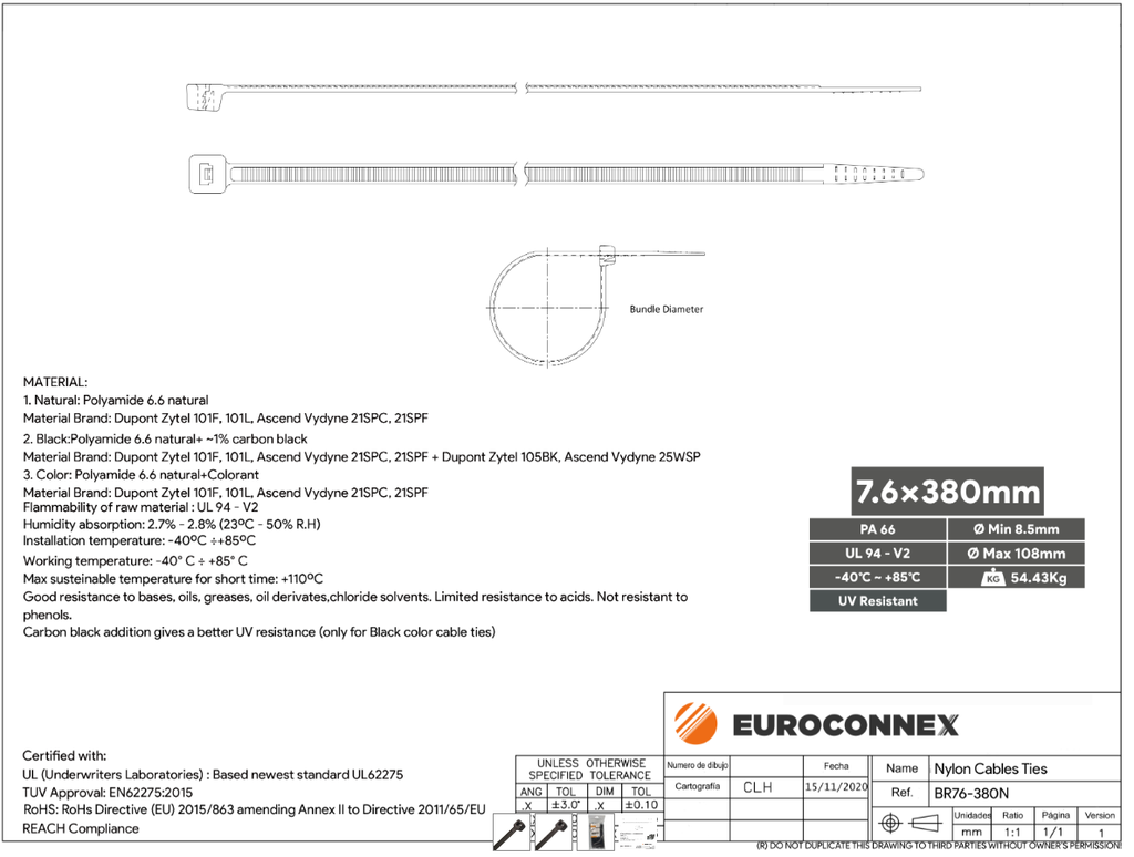 Brida nylon 380x7.6mm (100Und.) negra. Mod. BR76380N