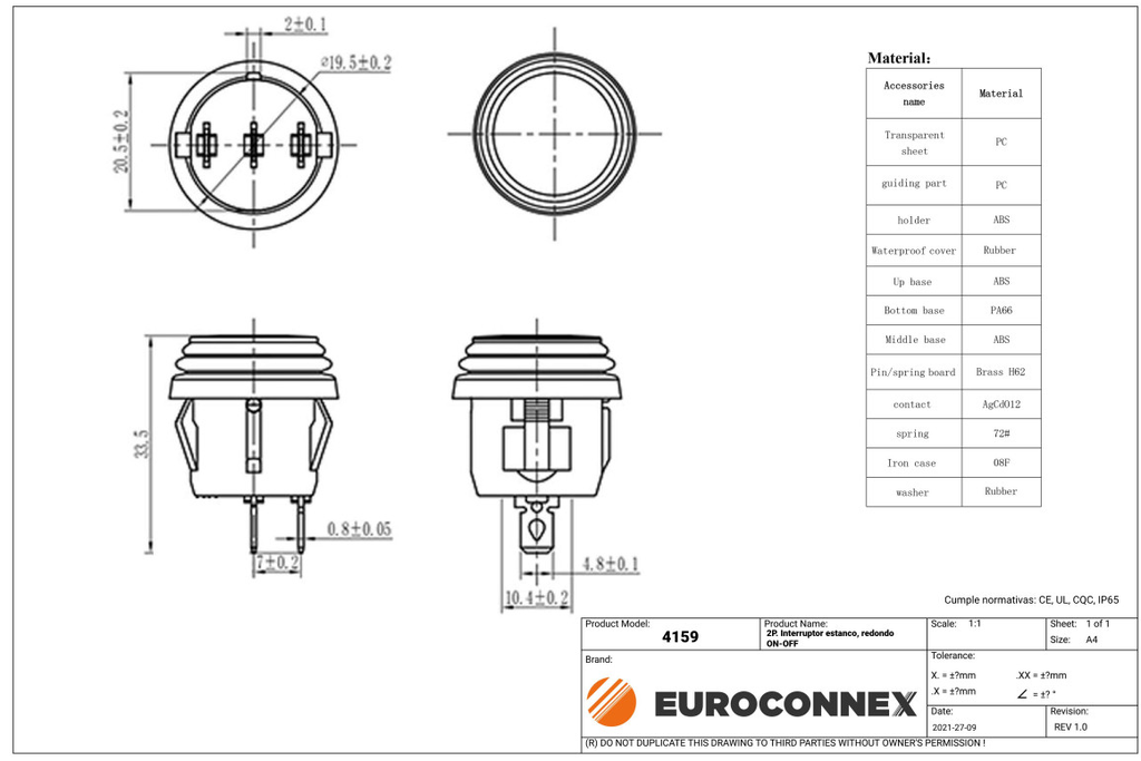 Interruptor redondo negro estanco 2P 6A 250VAC. Mod. 4159