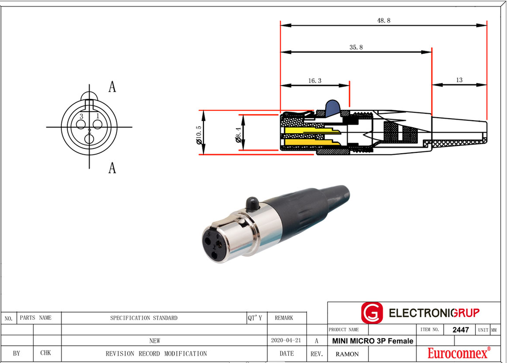 Conector hembra 3pin mini XLR. Mod. 2447