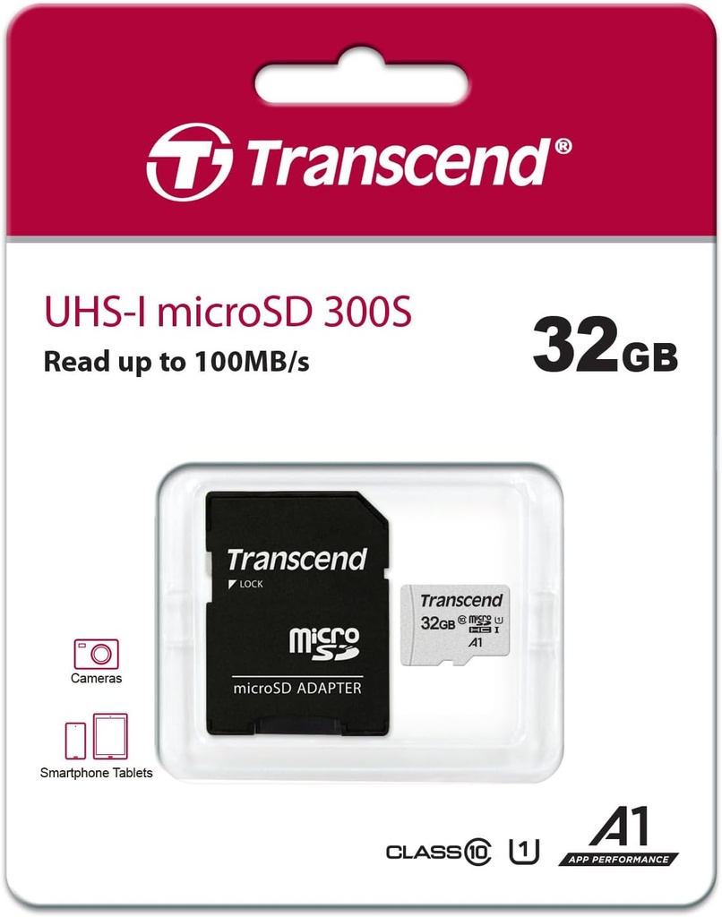 Tarjeta microSD Transcend 32 GB c/ adaptador class 10. Mod. TS32GUSD300S