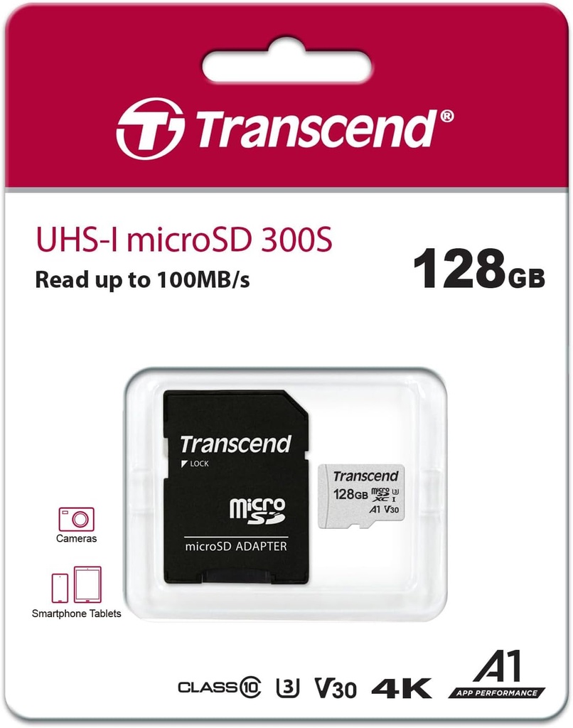 Tarjeta microSD Transcend 128 GB c/ adaptador class 10. Mod. TS128GUSD300S