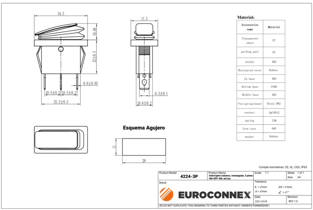 Interruptor 3 posiciones estanco ON-OFF-ON. Mod. 4224-3P