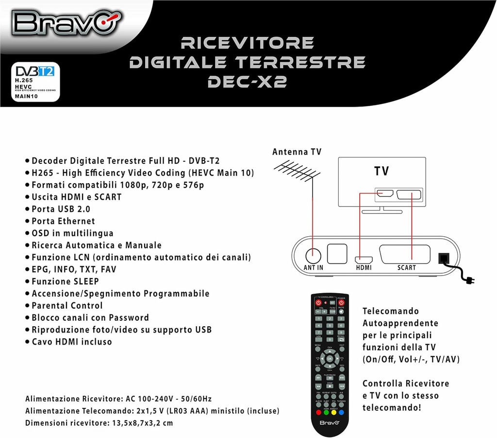 Receptor TDT-T2 digital terrestre Full HD Bravo. Mod. DEC-X2