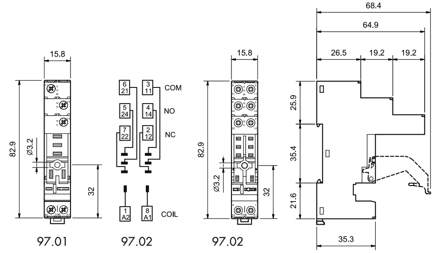 Zócalo relé 5 pin 16A 250VCA DIN Finder. Mod. 97.01SPA