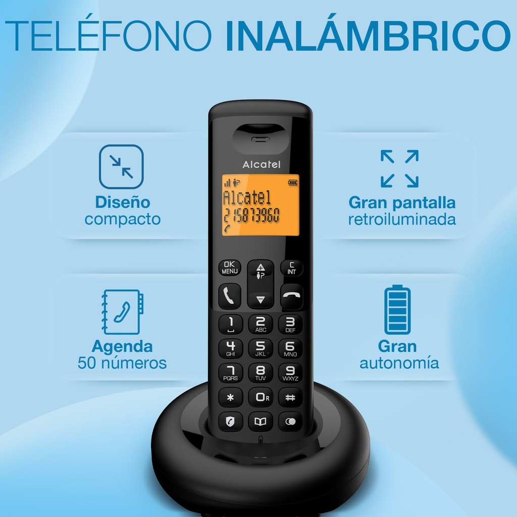Teléfono Inalámbrico DECT Alcatel negro. Mod. E160
