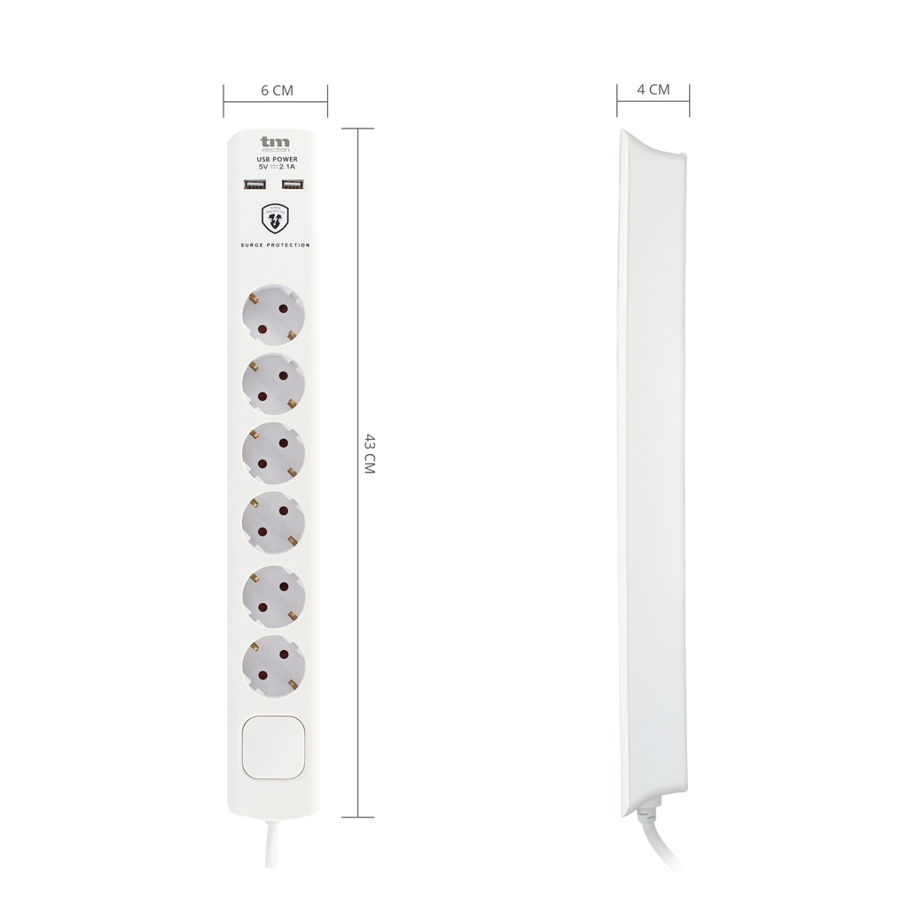 Base múltiple 6 tomas con 2 USB 1.4M blanca. Mod. TMUAD306