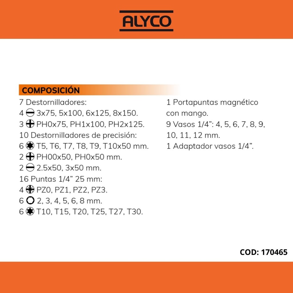 Juego Combinado De Destornilladores, Vasos Y Puntas 44 Piezas En Estuche Plástico ALYCO. Mod. 170465