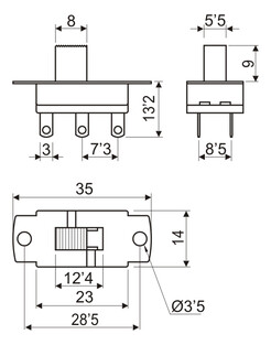 Conmutador deslizante ON-ON 3 pin 3A 250VAC. Mod. 17.218
