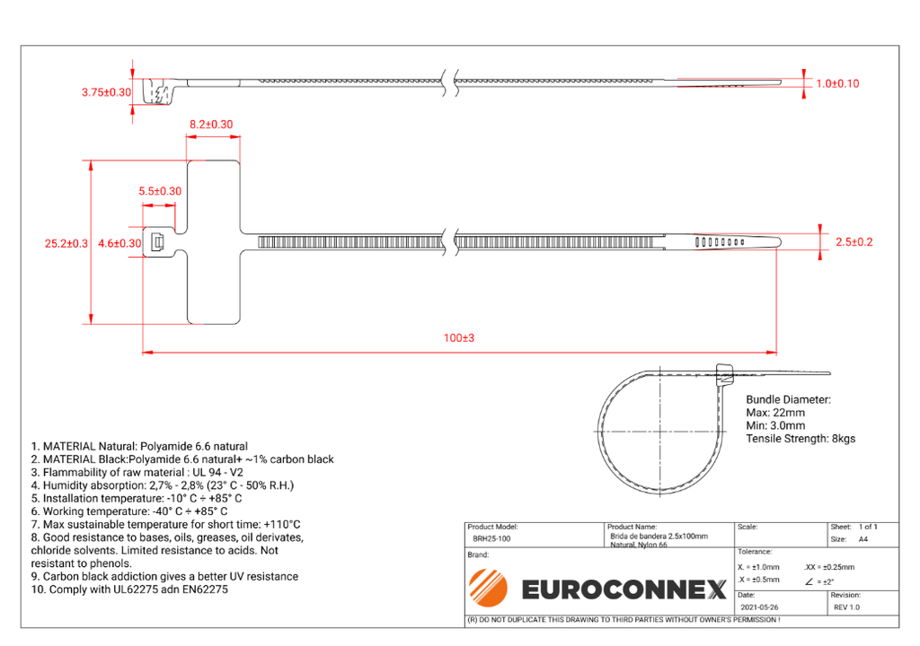 Brida de bandera 2.5x100mm Natural, Nylon 66. Mod. BRH25-100