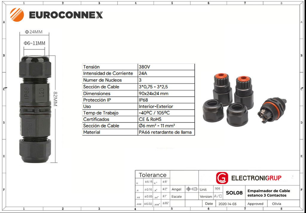 Empalmador Estanco 3 Contactos 0.5-4mm2. Mod. SOL08