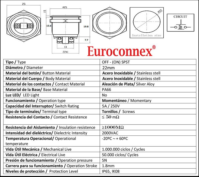 Pulsador Anti-vandálico, OFF-(ON) SPST 22mm. Mod. 4175