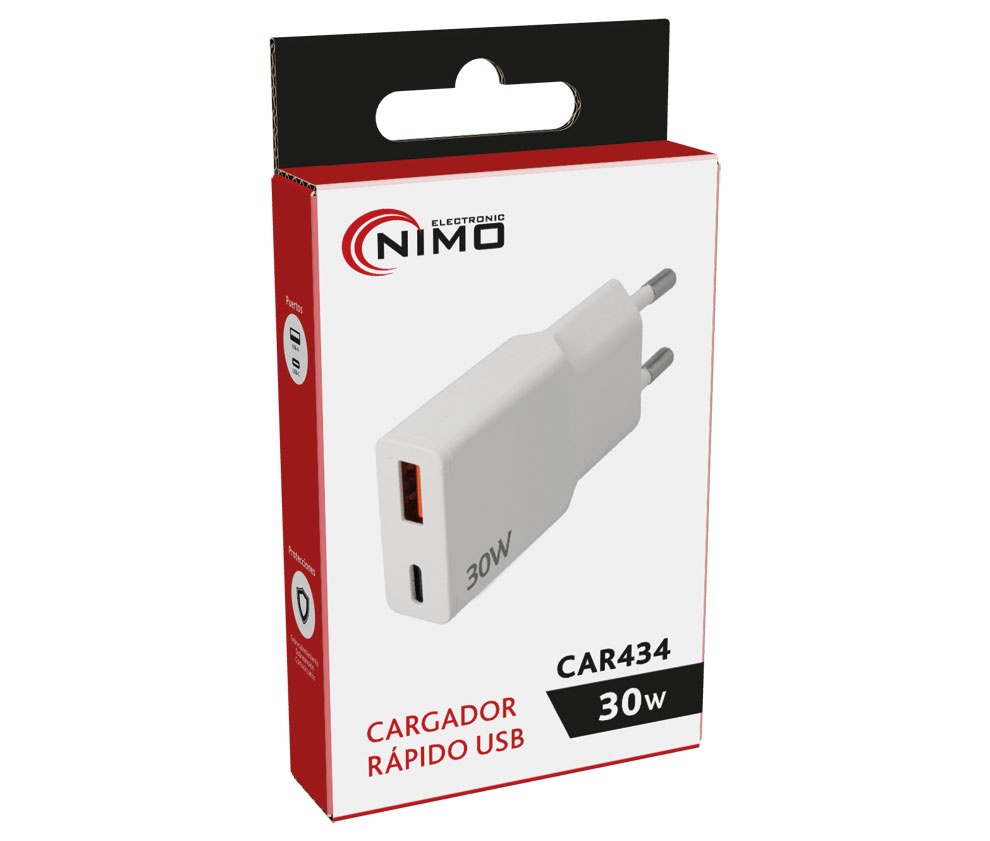 Cargador rápido USB Tipo-C PD/QC + USB-A QC 30W. Mod. CAR434