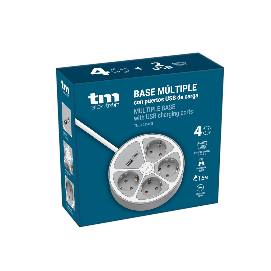 Base múltiple 4 tomas + USB + USB C 12W 1.5 metros. Mod. TMUAD554CB