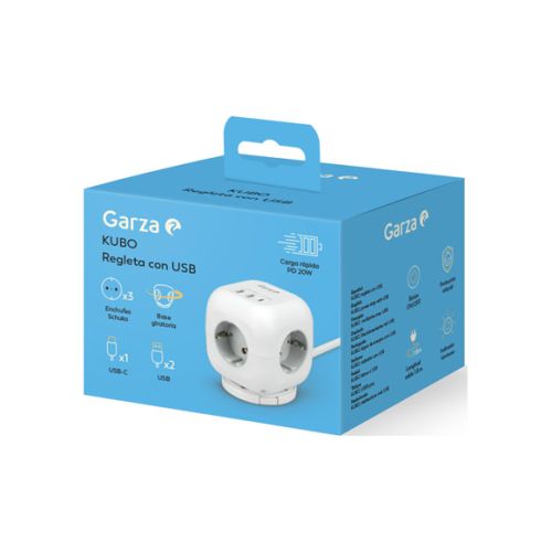 Base múltiple Kubo 3 tomas + USB A + USB C 20W blanco cable 1,4m Garza. Mod. 420062C