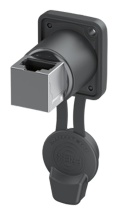 Conector RJ45 chasis IP65 etherCON entrada trasera 90º Neutrik. Mod. NE8FDPU-TOP