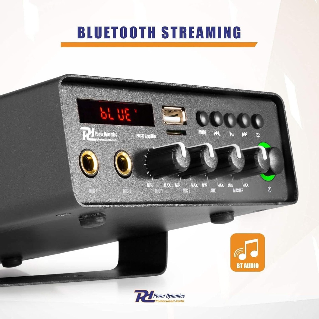 Amplificador Bluetooth USB FM 30W 12V/220V Power Dynamics. Mod. PDC30