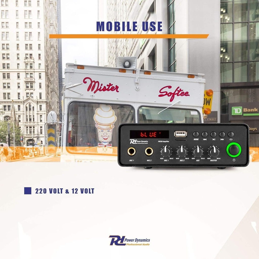Amplificador Bluetooth USB FM 30W 12V/220V Power Dynamics. Mod. PDC30