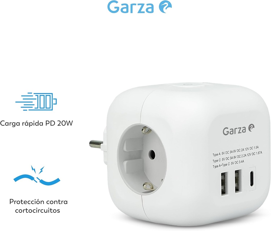 Adaptador enchufe 3 tomas 2USB+USB C Kubo Garza. Mod. 420063C