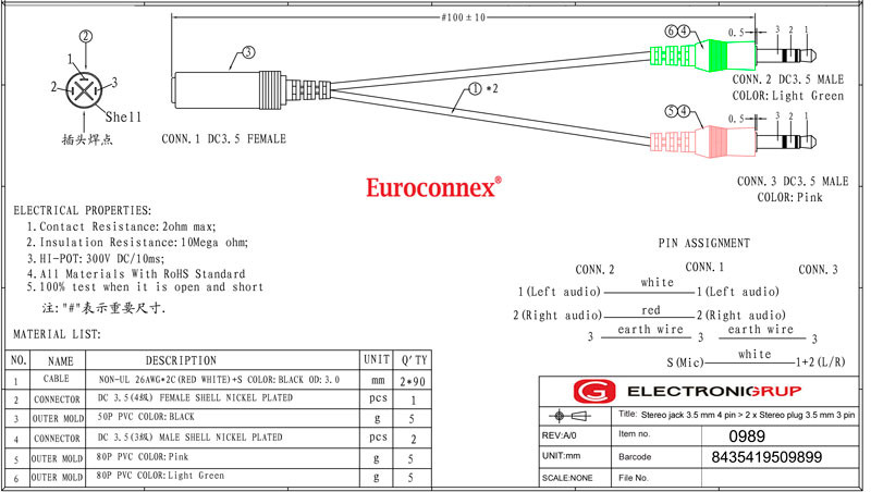 Conexión jack hembra 3.5mm 4 contactos a 2 jack macho 3.5mm. Mod. AU4000046