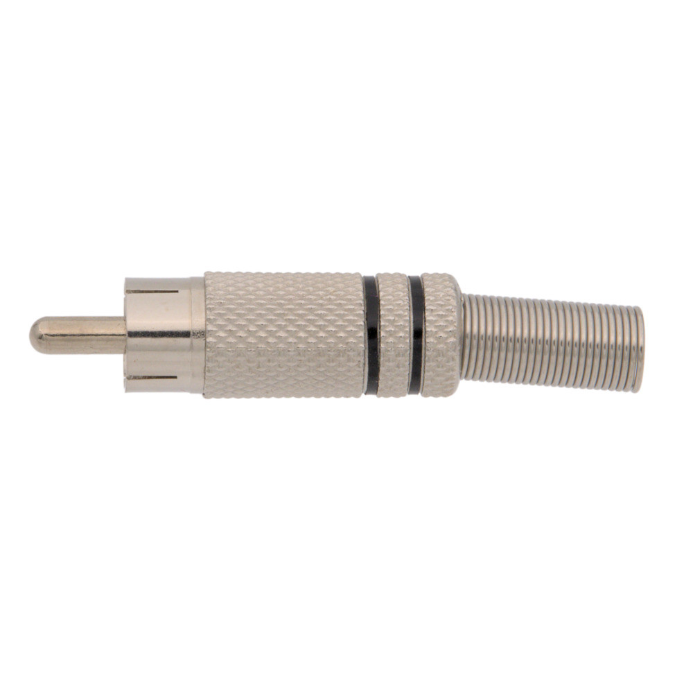 Conector RCA macho aéreo níquel negro 6mm. Mod. 1023