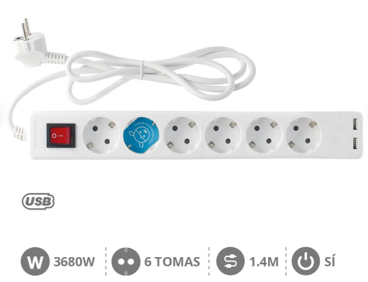 Base múltiple 6T + 2 USB + Int. (3x1.5mm) 1,4M Blanca. Mod. 100000001