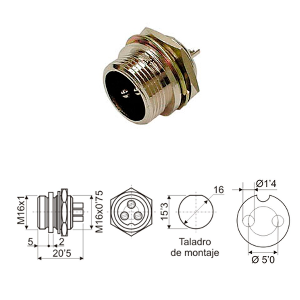 [110022PVDR] Conector macho chasis 2 pines 15042. Mod. 11-002 2P