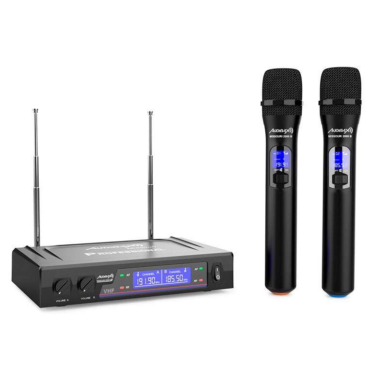 [MISSOURI2000] Kit 2 Micrófonos inalámbricos de mano + receptor doble VHF Audibax. Mod. Missouri 2000