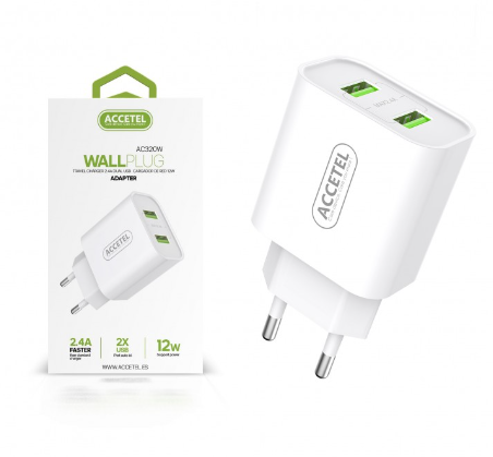 Cargador móvil dual USB 2.4A blanco Accetel. Mod. AC320W