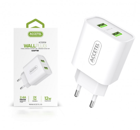 [AC320WSUR] Cargador móvil dual USB 2.4A blanco Accetel. Mod. AC320W