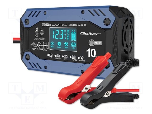 [QOLTEC52482] Cargador de baterías inteligente 12V 24V plomo GEL Li-FePO4 10A. Mod. 52482