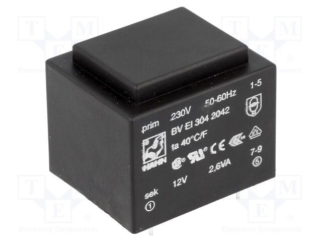 [BVEI3042042] Transformador encapsulado 2.6VA 230VAC a 12VAC 217mA PCB. Mod. BVEI3042042