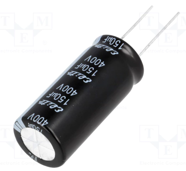 Condensador electrolítico 150uF 400VCC Ø18x40mm ±20%. Mod. CE150400
