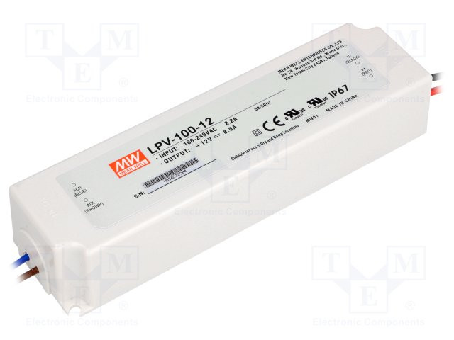 Alimentador por impulso LED 102W 12VCC 8,5A 90÷264VCA IP67. Mod. LPV-100-12