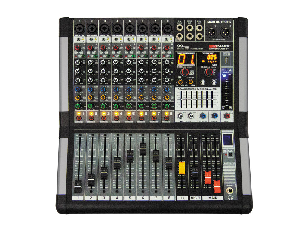 Mezclador de 8 canales mic/line. Grabador/reproductor USB. Bluetooth. DSP 99 efectos. Mod. MM899USBBT