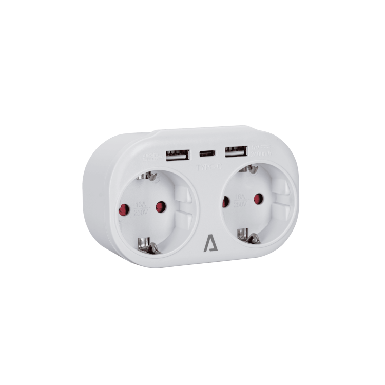 [ASFDUSB] Adaptador clavija doble schuko 2P+TT 16A 2xUSB A + 1 USB C. Mod. ASFDUSB