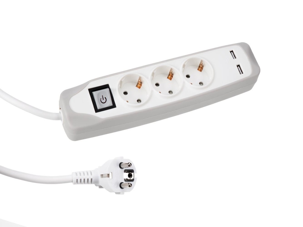 [EB3CGUSBGVEL] Base múltiple 3 tomas + 2 USB 1.5metros blanca c/interruptor. Mod. EB3CGUSB-G