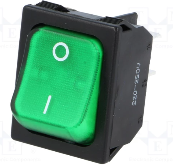 Interruptor rocker 2 Posiciones OFF-ON 10A/250VAC verde 50mΩ. Mod. 45051