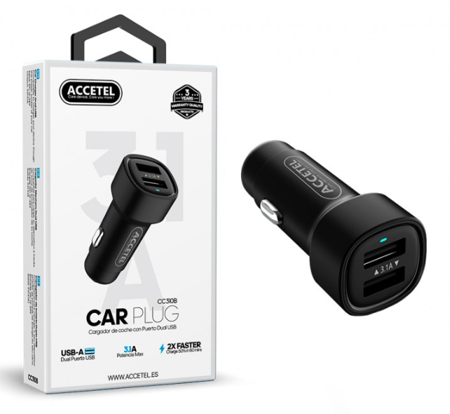 Cargador dual USB mechero coche 3.1A negro. Mod. CC310B
