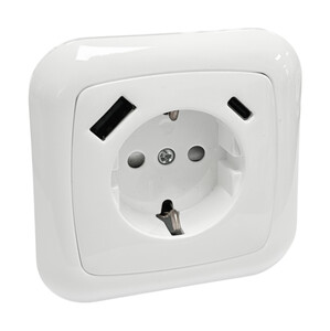 Base schuko empotrable+2 tomas USB blanco. Mod. 36.530/B/USB/B