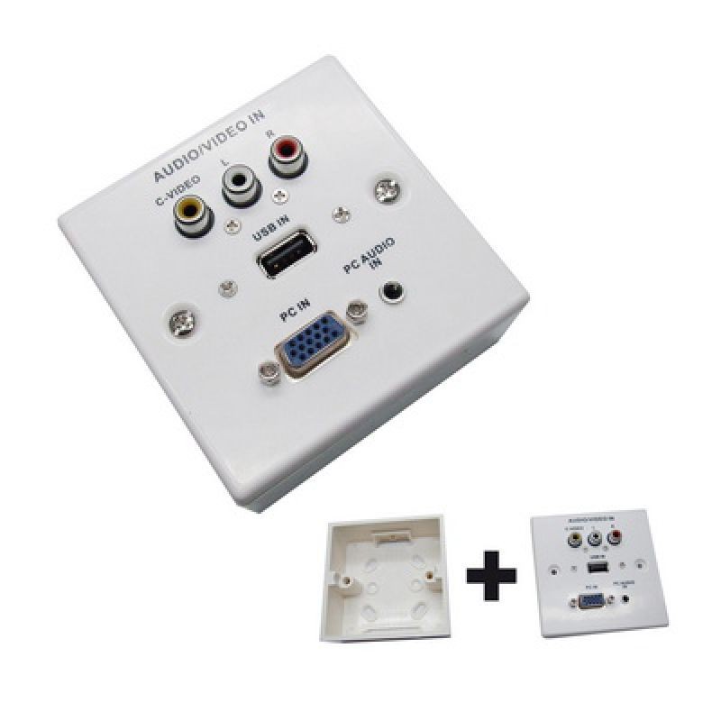 PLACA DE PARED VGA + JACK 3.5 + USB 2.0 + 3 x RCA Blanco