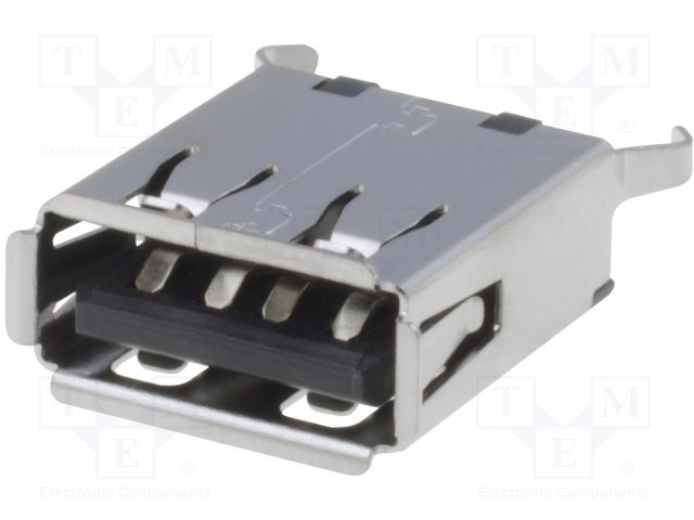 Conector hembra USB A THT recto V USB 2.0 dorado. Mod. 3948