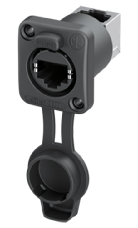 Conector RJ45 chasis IP65 etherCON entrada trasera 90º Neutrik. Mod. NE8FDPU-TOP