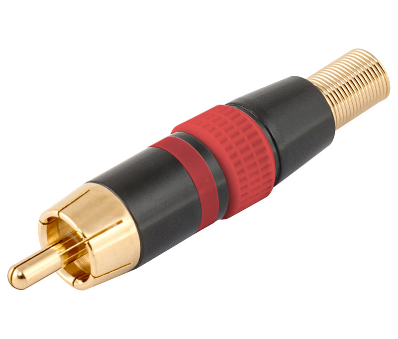 Conector RCA macho aéreo metálico rojo. Mod. CON249