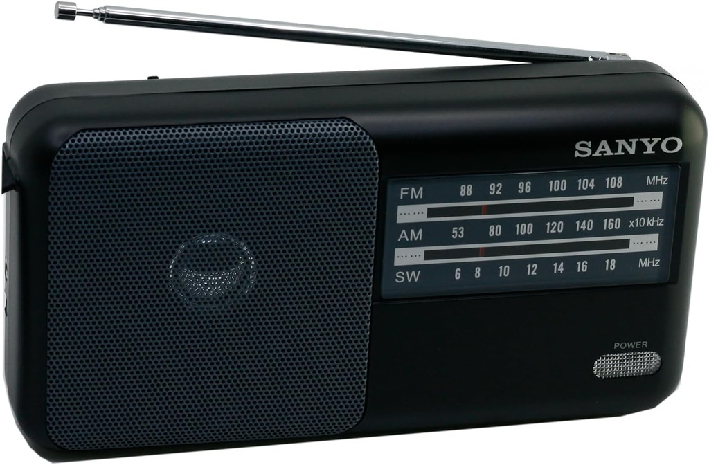 Radio analógica sobremesa negra a pilas Sanyo. Mod. KS120P