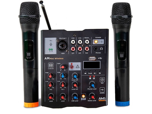 Mezclador de 5 canales con USB/Bluetooth y 2 mic. de mano inalámbricos. Mod. MXW5