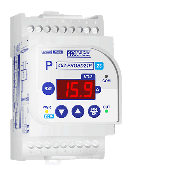 Relé hidronivel por consumo de bomba 230V Avel. Mod. 452-PROBD21P23