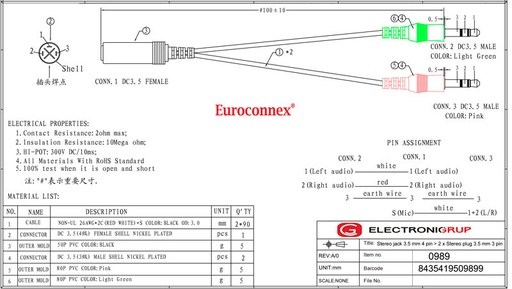 [0989ELM] Conexión jack hembra 3.5mm 4 contactos a 2 jack macho 3.5mm. Mod. AU4000046