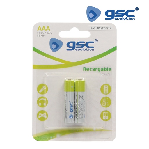 [106005006GSC] Pack 2 unidades pila recargable HR03 AAA 1.2V 800mAh GSC. Mod. 106005006