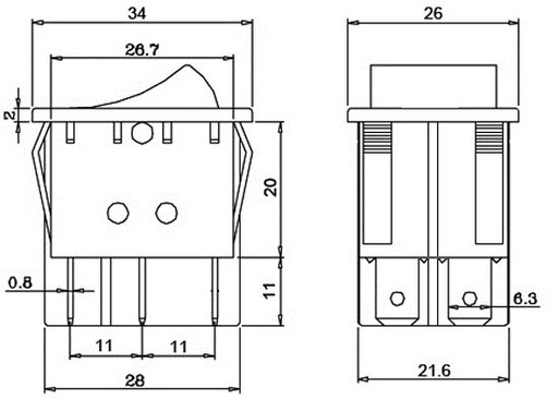 [3818RELG] Conmutador c/ luz 6P. (DPDT) ON-ON, 250V. 10A, rojo. Mod. BR7000013